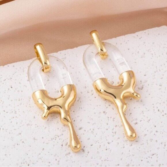 Irregular Melting Goldtone Resin Drop Earrings - Picture 3 of 3
